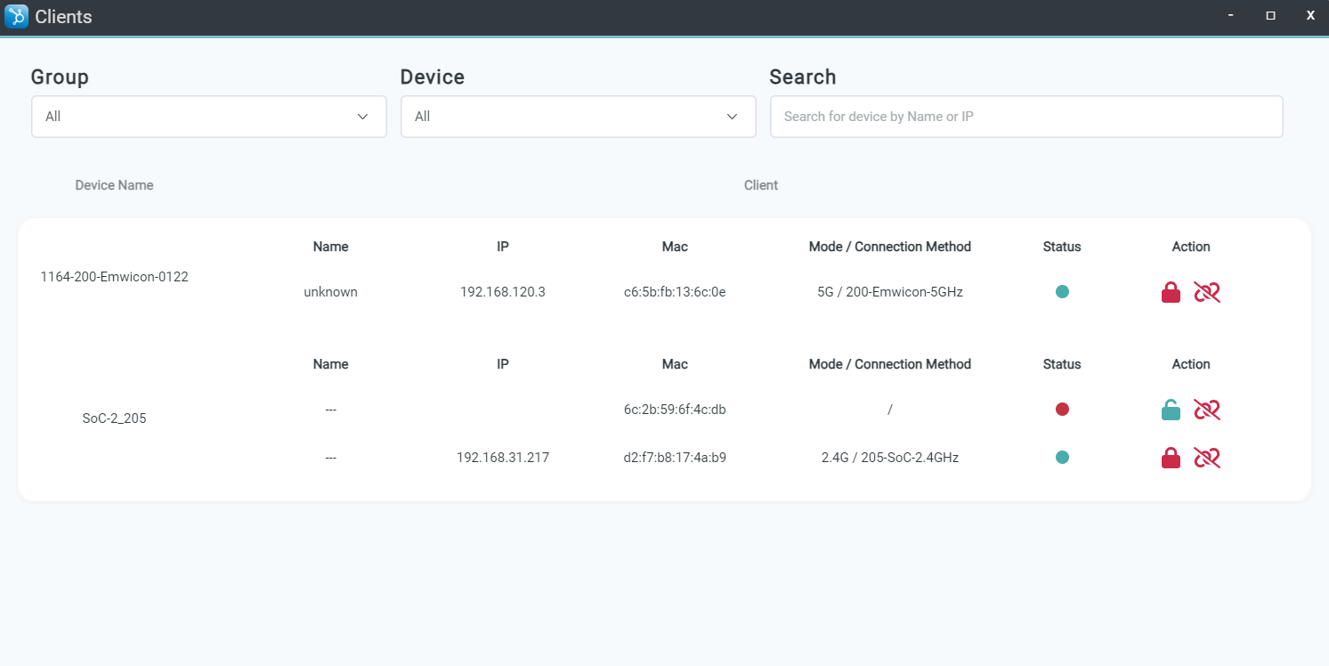 Clients list and management interface