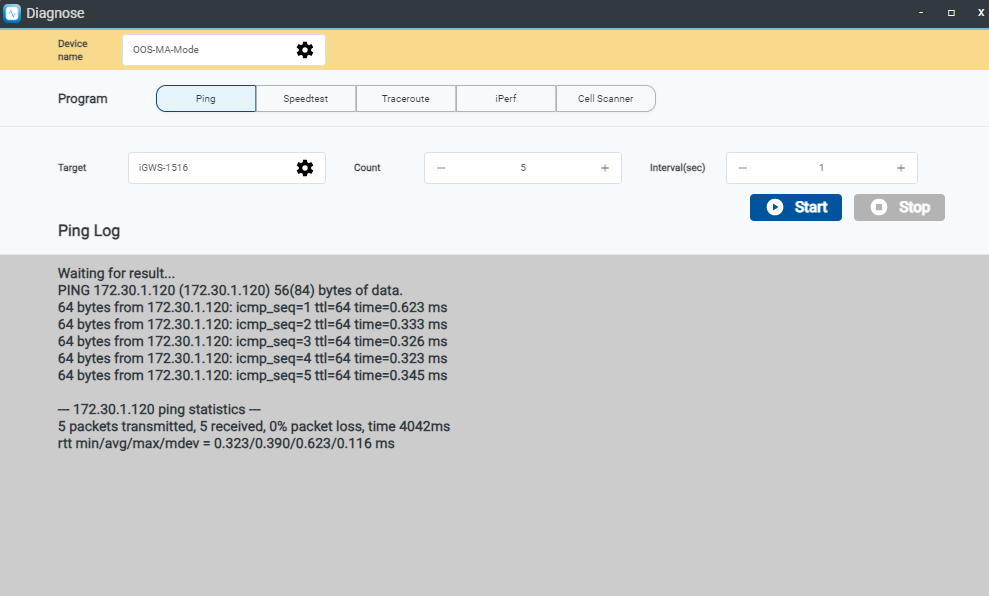 Ping diagnostic interface