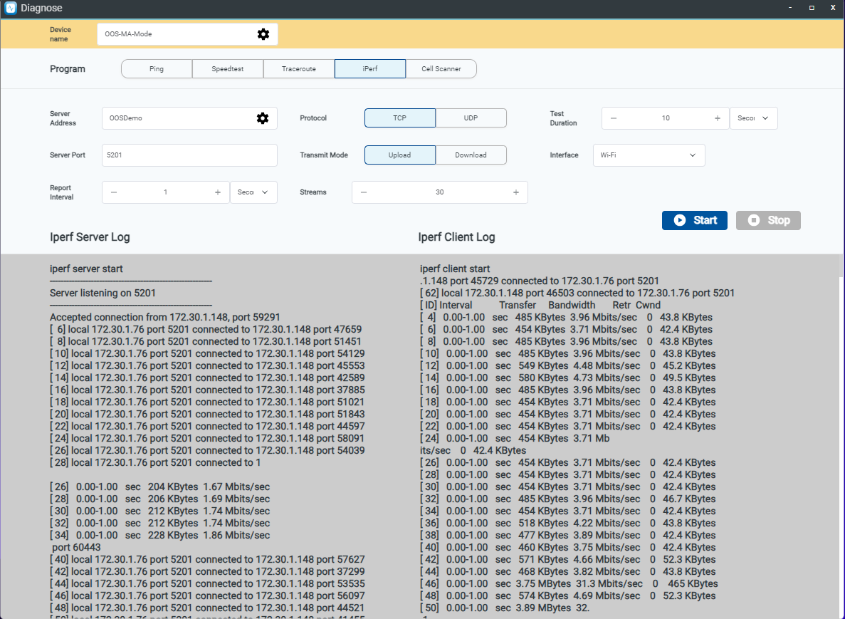 iPerf network performance test interface