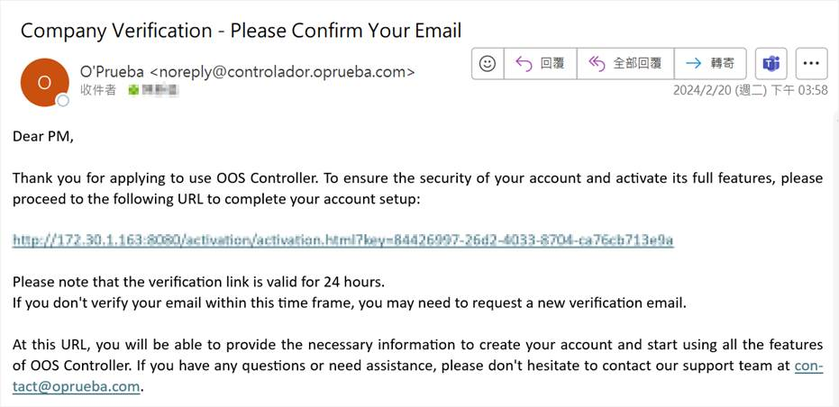 Company and registration information for OOS Controller