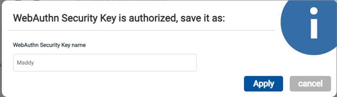 Entering a name for the WebAuthn security key