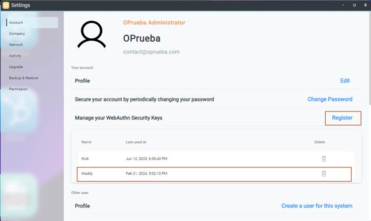 List of registered WebAuthn security keys