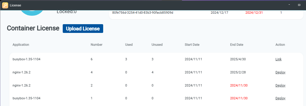 Container license details panel