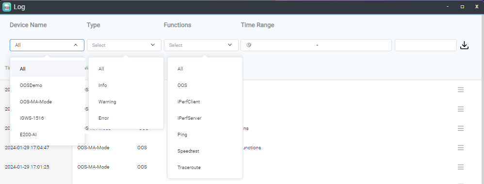 Log search and filtering interface