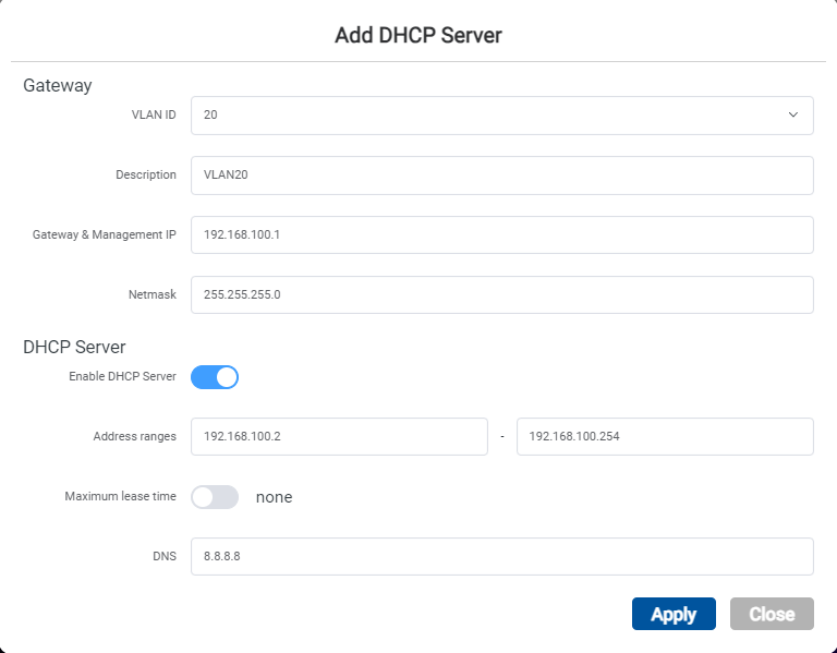 DHCP Server 設定對話方塊