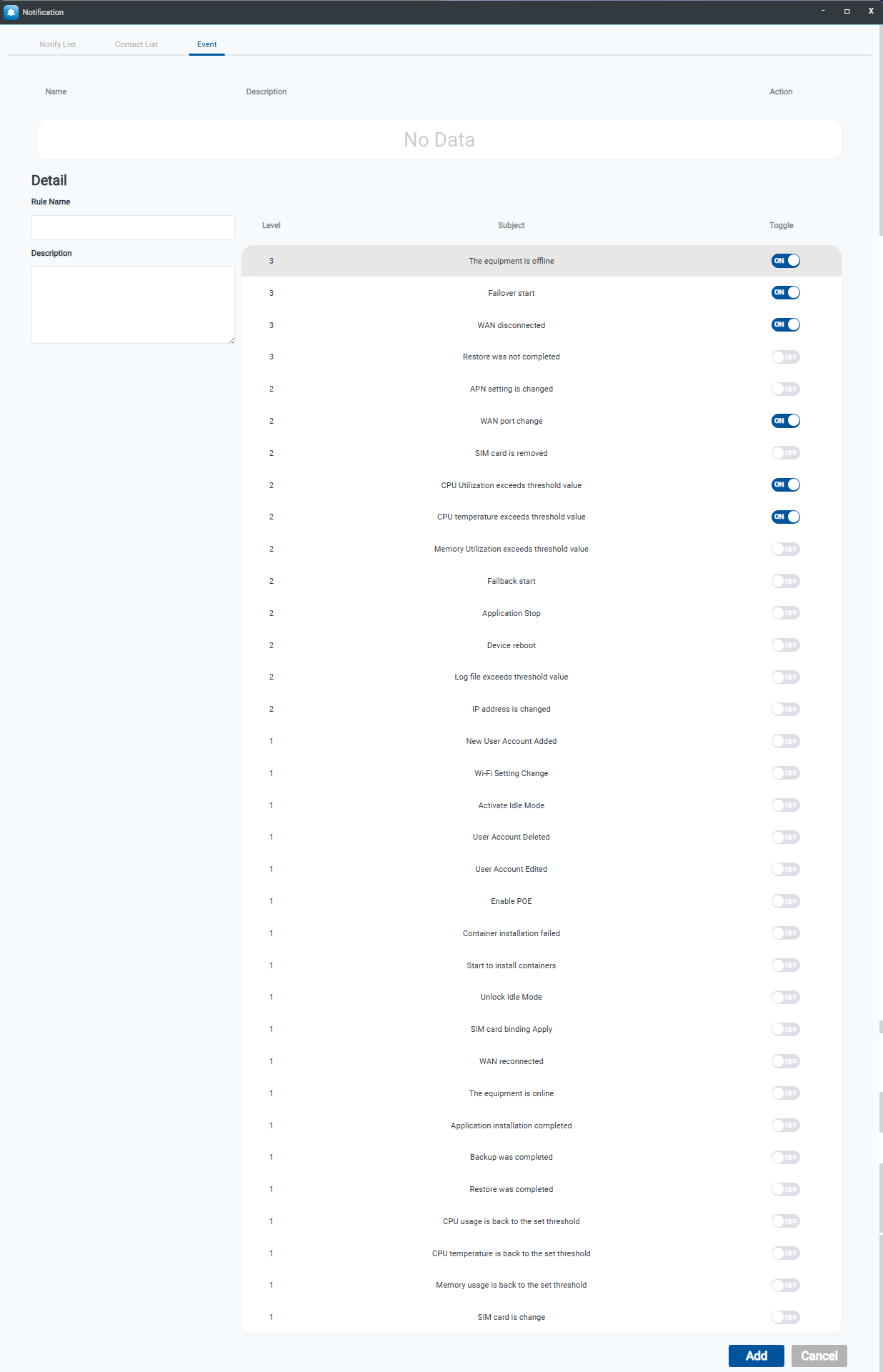 Create Notification Event rule interface