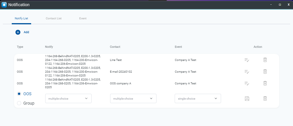 Notify List binding setup interface