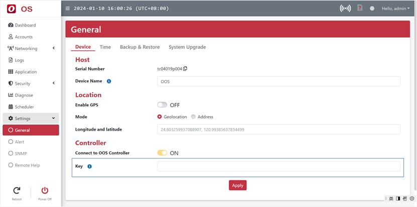 Pasting the Key into the Controller field on the OOS device