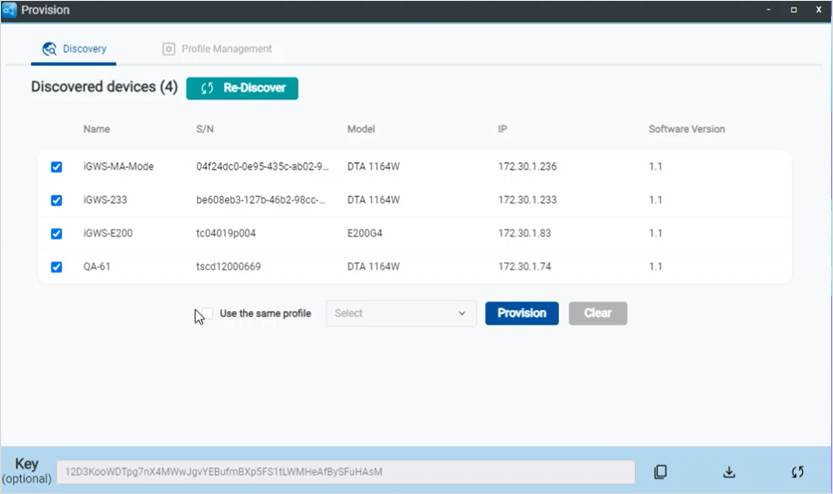 Selecting devices and a provisioning profile on the Discovery page