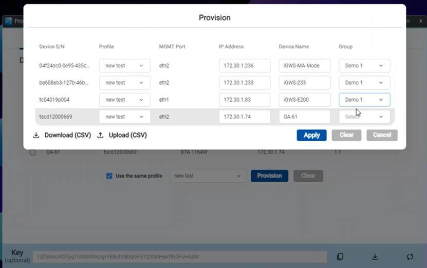 Configuring the provisioned device IP address, name, and group