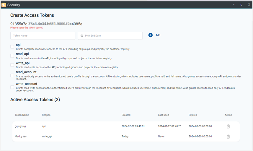API Token 產生與權限範圍設定介面