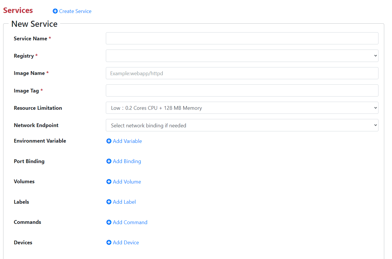Add Container template detailed setup screen
