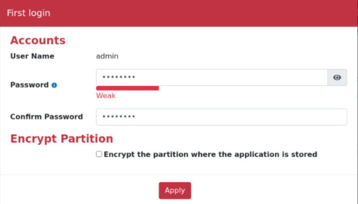 Change password and application partition encryption prompt on first login