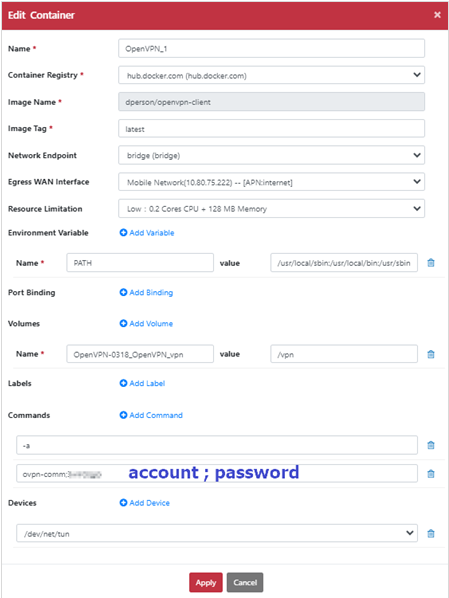 編輯 OpenVPN 容器設定