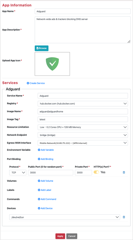 設定 AdGuard 容器服務參數