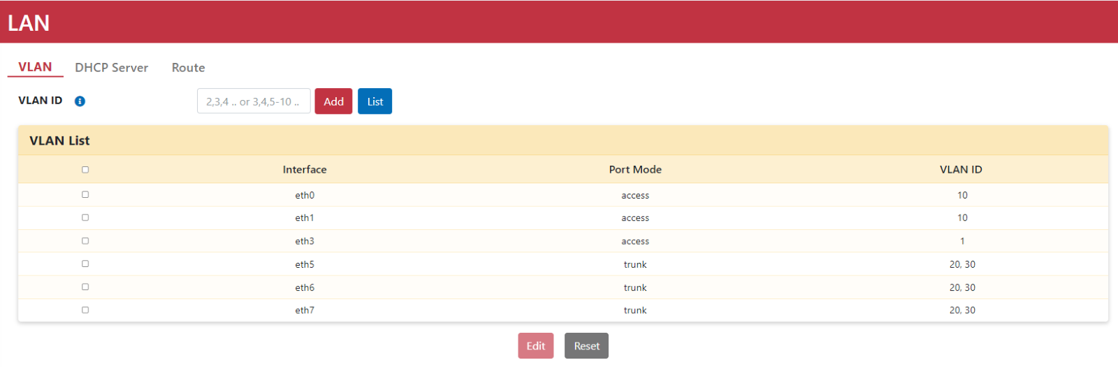 Apply Trunk Mode Configuration Screen