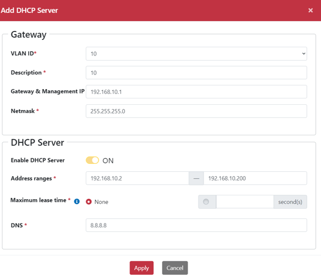 Configure DHCP Server for VLAN 10