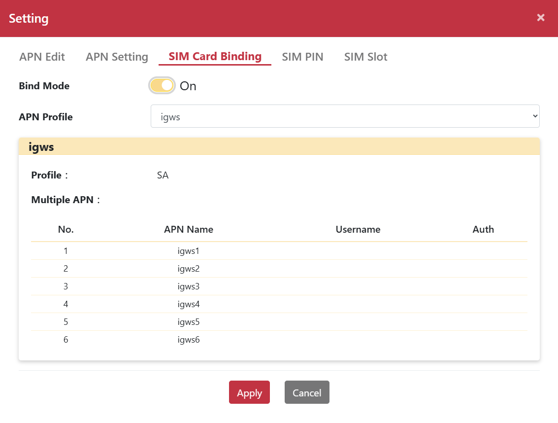SIM card binding configuration dialog