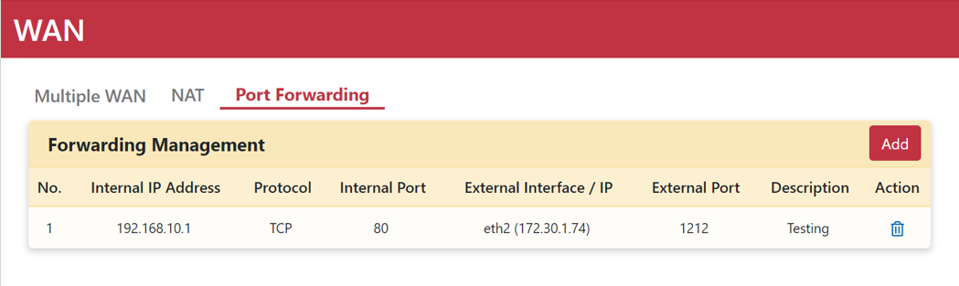 Port Forwarding rule list and management
