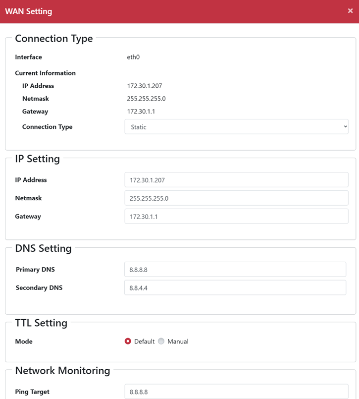設定 Static 模式的 IP、Netmask、Gateway 與 DNS