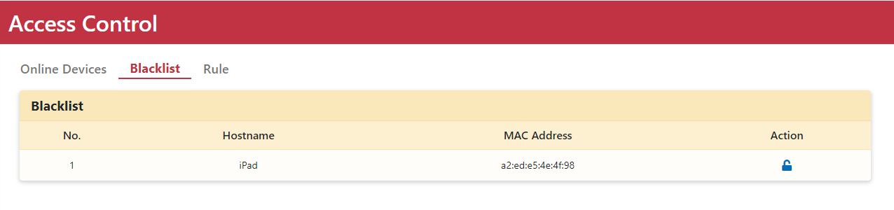 Blacklist device view and unblock action interface