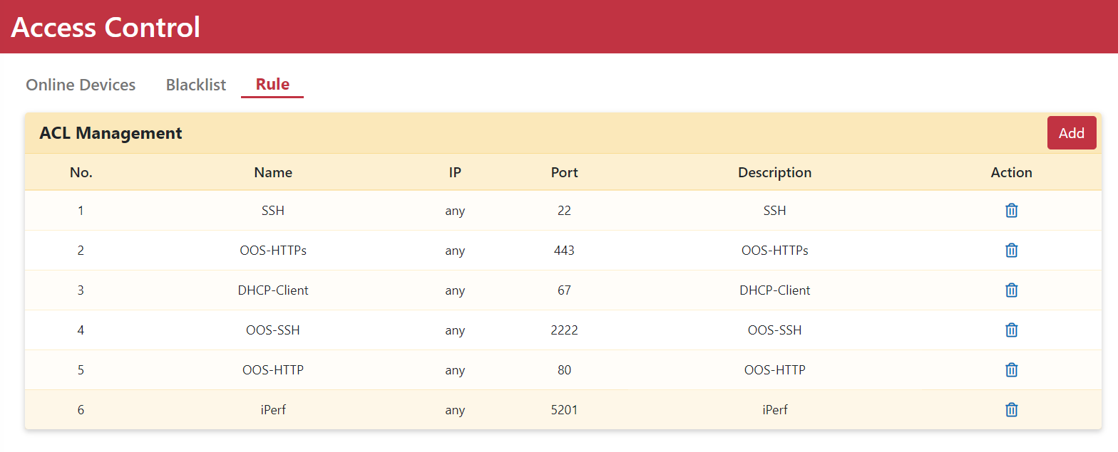 ACL rule table with delete option