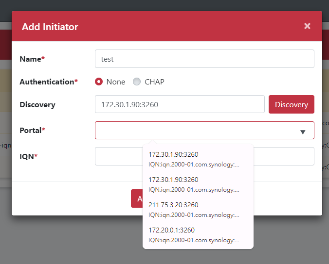 搜尋 iSCSI Target 與 Portal 設定畫面